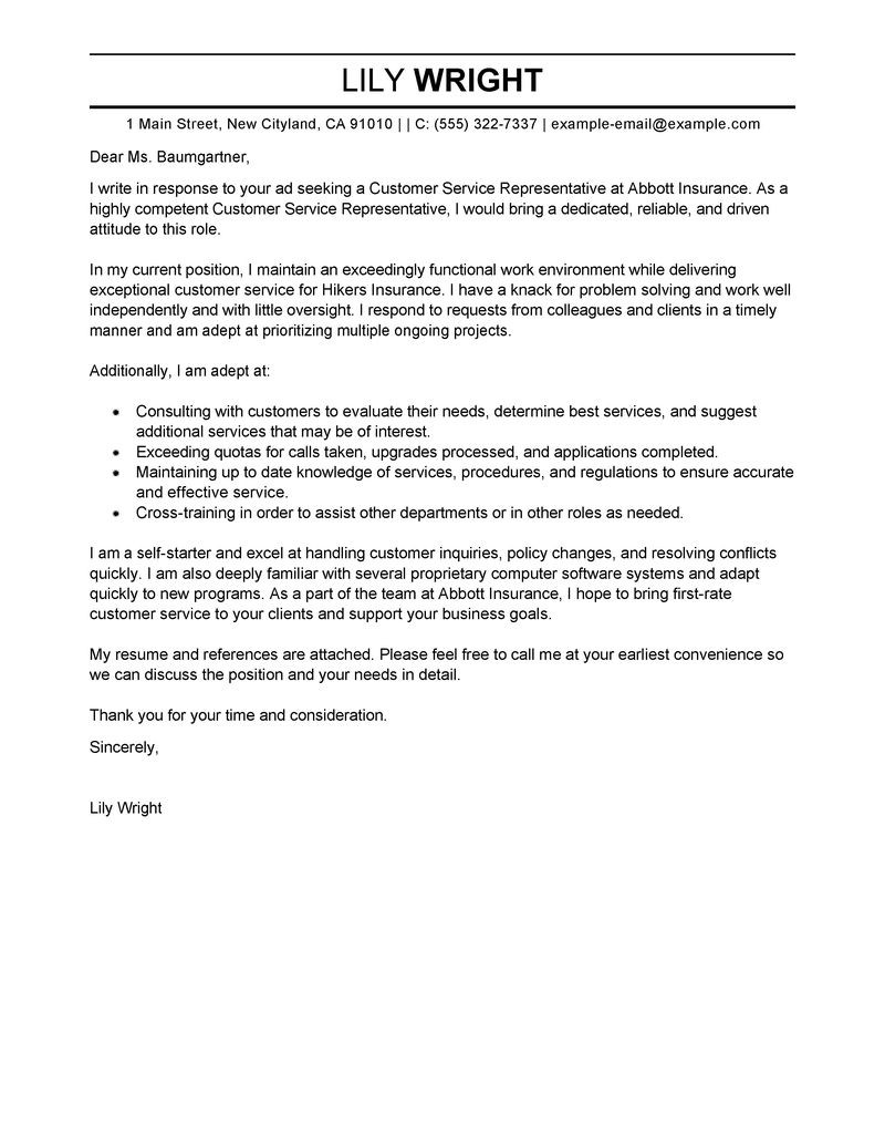Best Customer Service Representative Cover Letter Examples