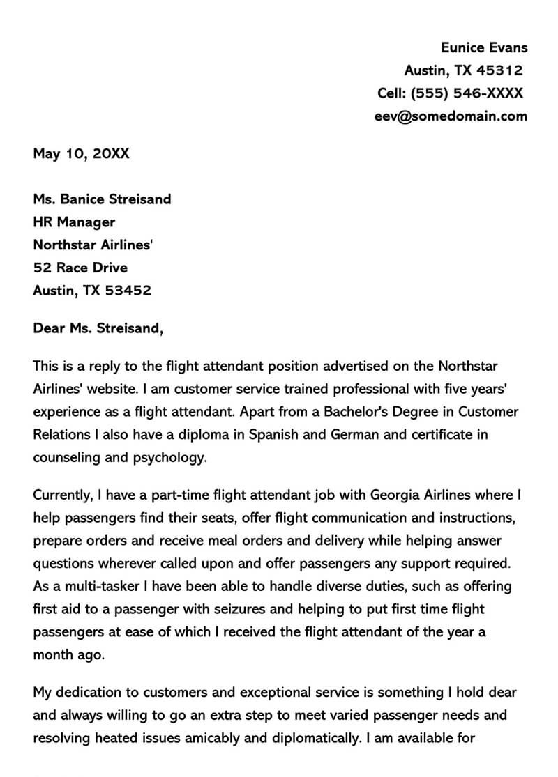 Flight attendant Cover Letter Flight attendant Cover Letter Sample Letters &amp; Email Examples