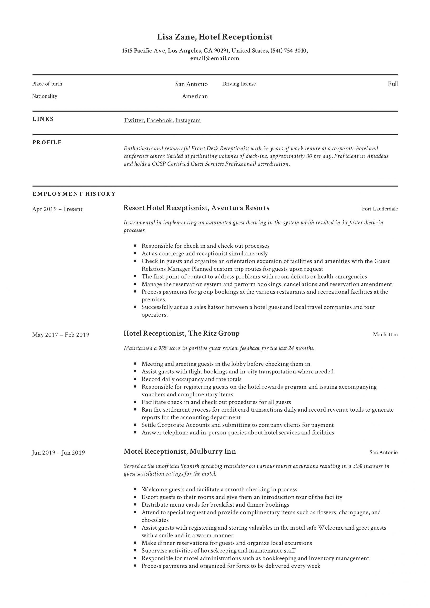 Hotel Front Desk Resume Hotel Receptionist Resume &amp; Writing Guide 12 Templates
