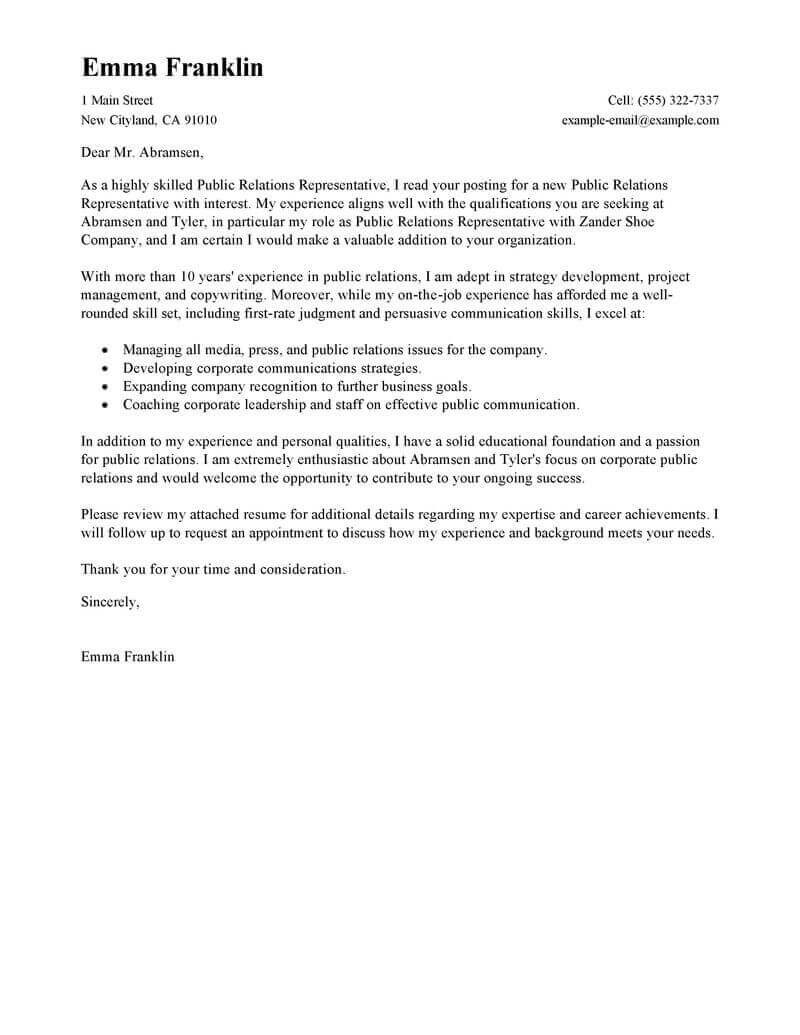 Public Relations Cover Letter Best Public Relations Cover Letter Examples