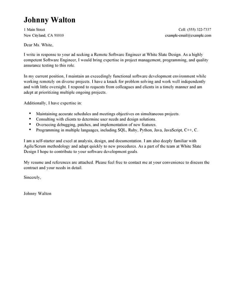 Software Engineer Cover Letter Best Remote software Engineer Cover Letter Examples