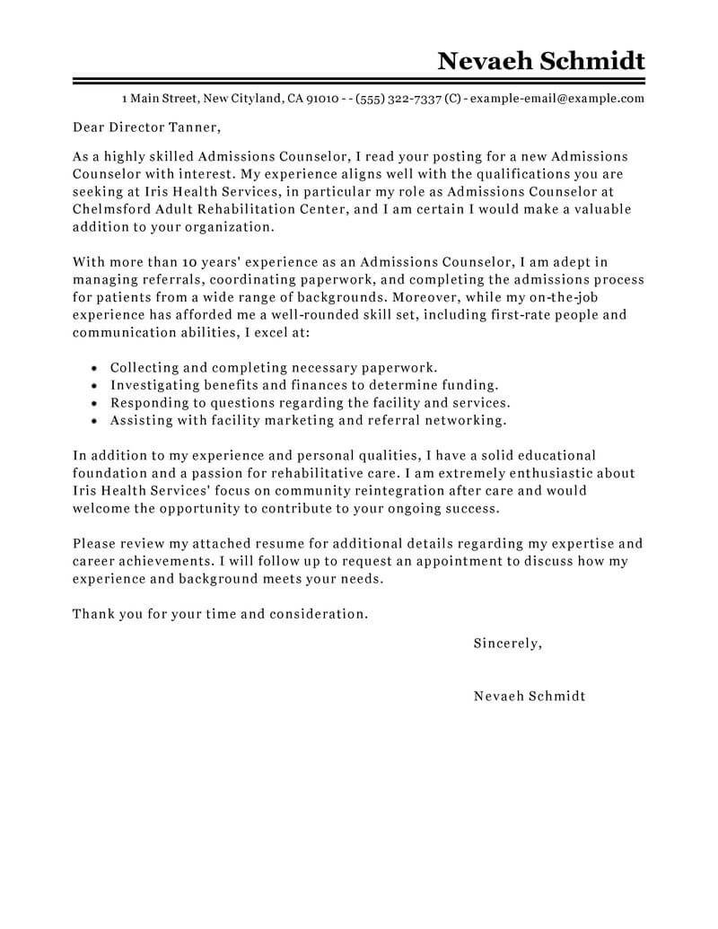 Academic Advisor Cover Letter Leading Professional Admissions Counselor Cover Letter