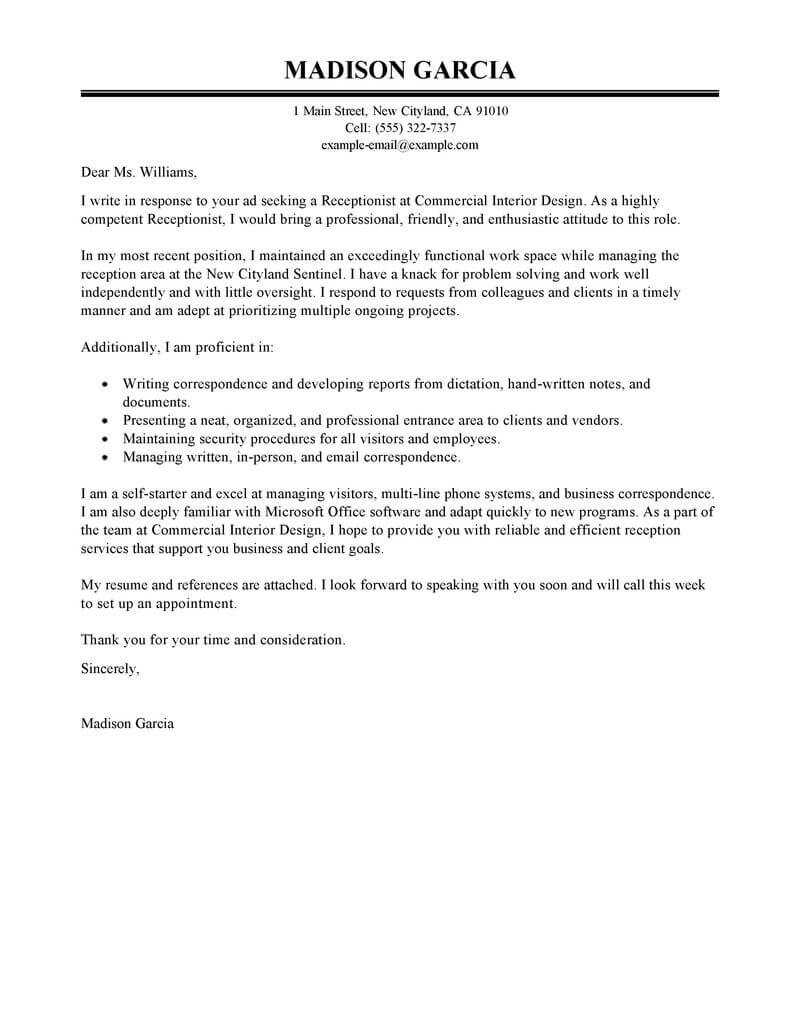 Cover Letter for Receptionist Best Receptionist Cover Letter Examples