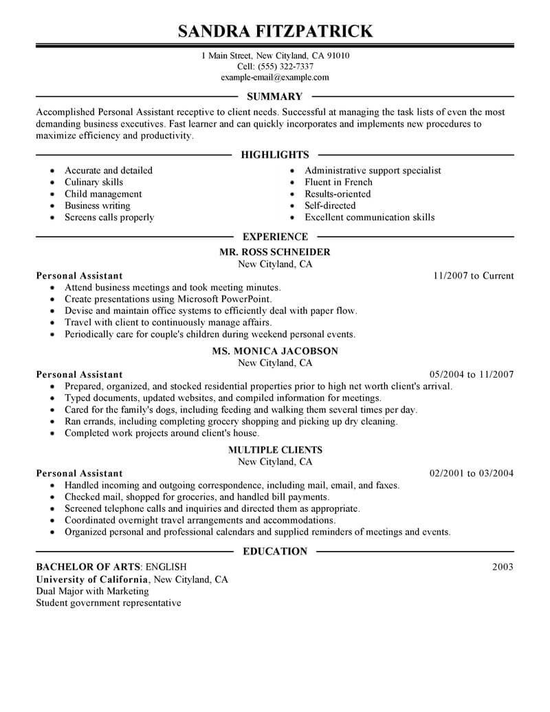 Best Personal Assistant Resume Example
