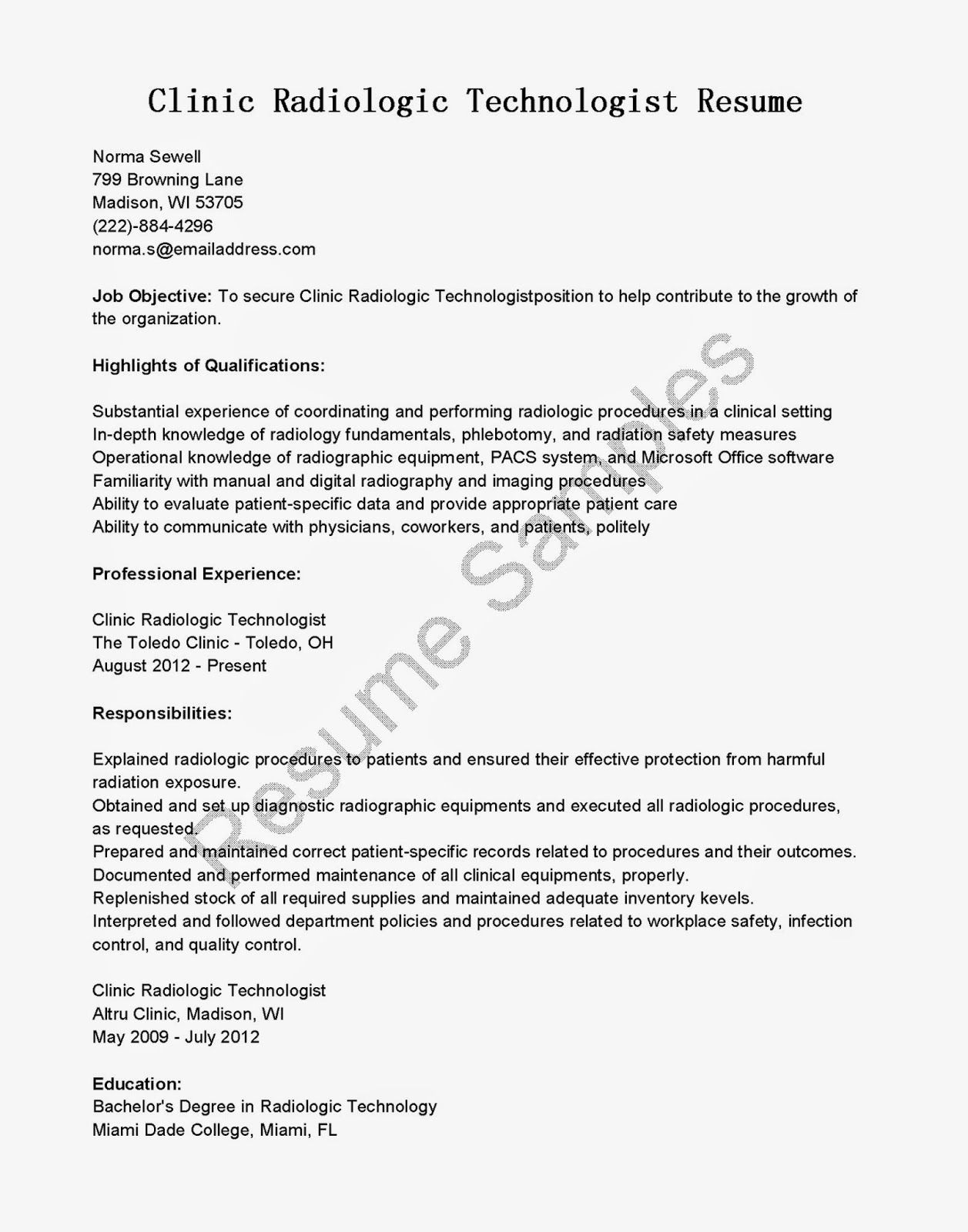 Radiologic Technologist Resume Skills Use This Free Sample Clinic Radiologic Technologist Resume