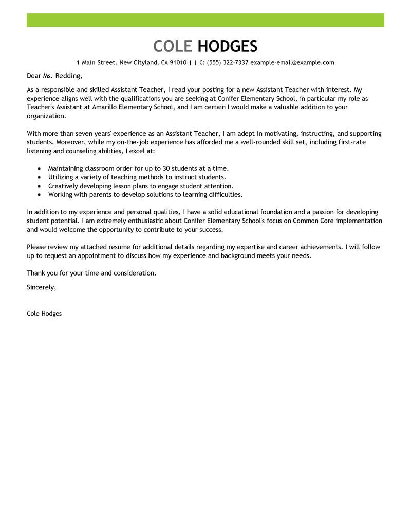 Teacher assistant Cover Letter Best assistant Teacher Cover Letter Examples