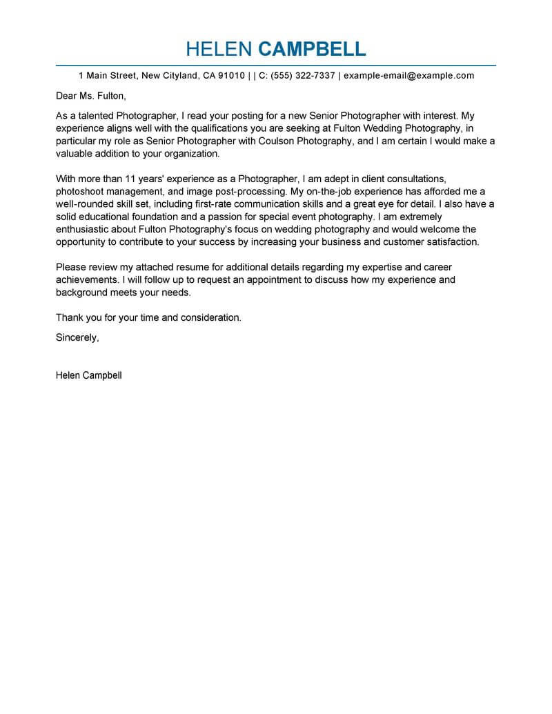 Cover Letter for Photographer Best Senior Grapher Cover Letter Examples