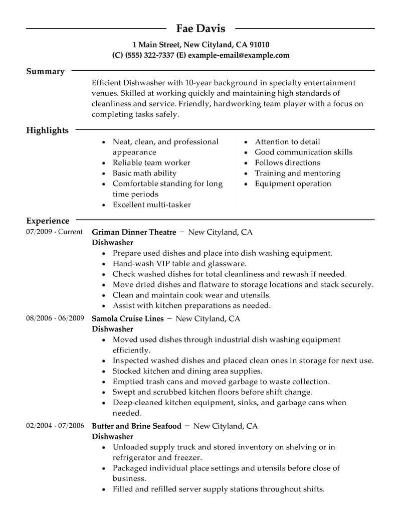 Professional Dishwasher Resume Examples Culinary
