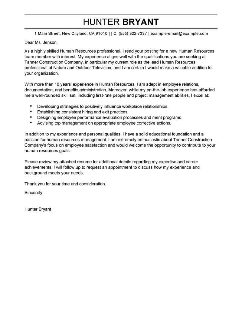 Professional Human Resources Cover Letter Examples