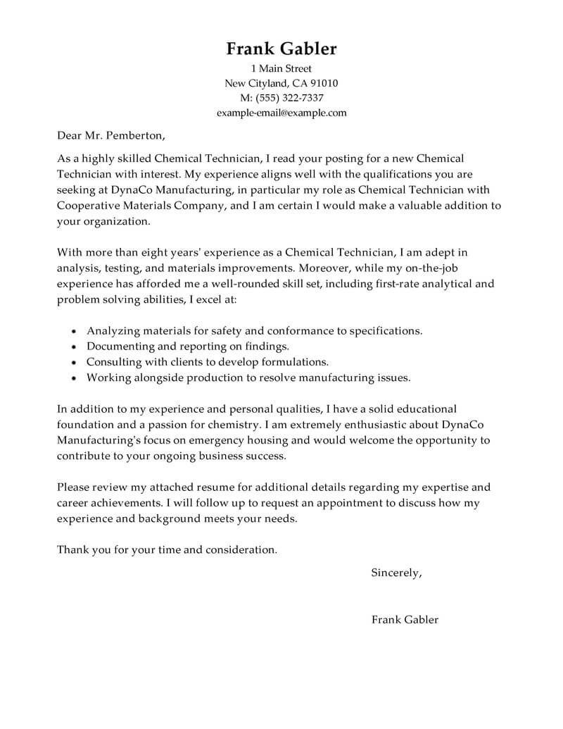 Lab Technician Cover Letter Best Chemical Technicians Cover Letter Examples