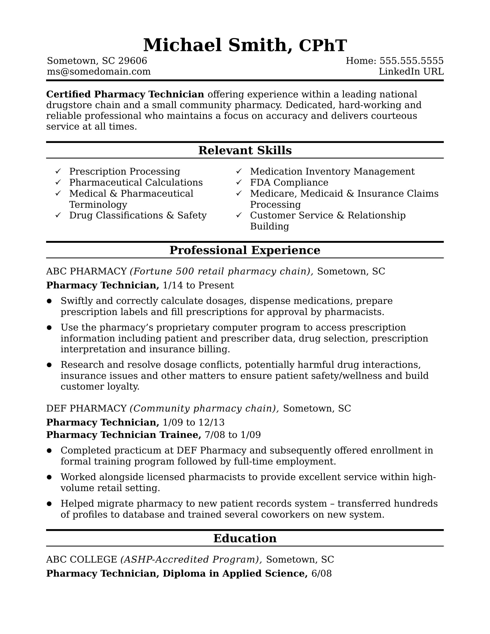 Pharmacy Technician Resume Skills Midlevel Pharmacy Technician Resume Sample