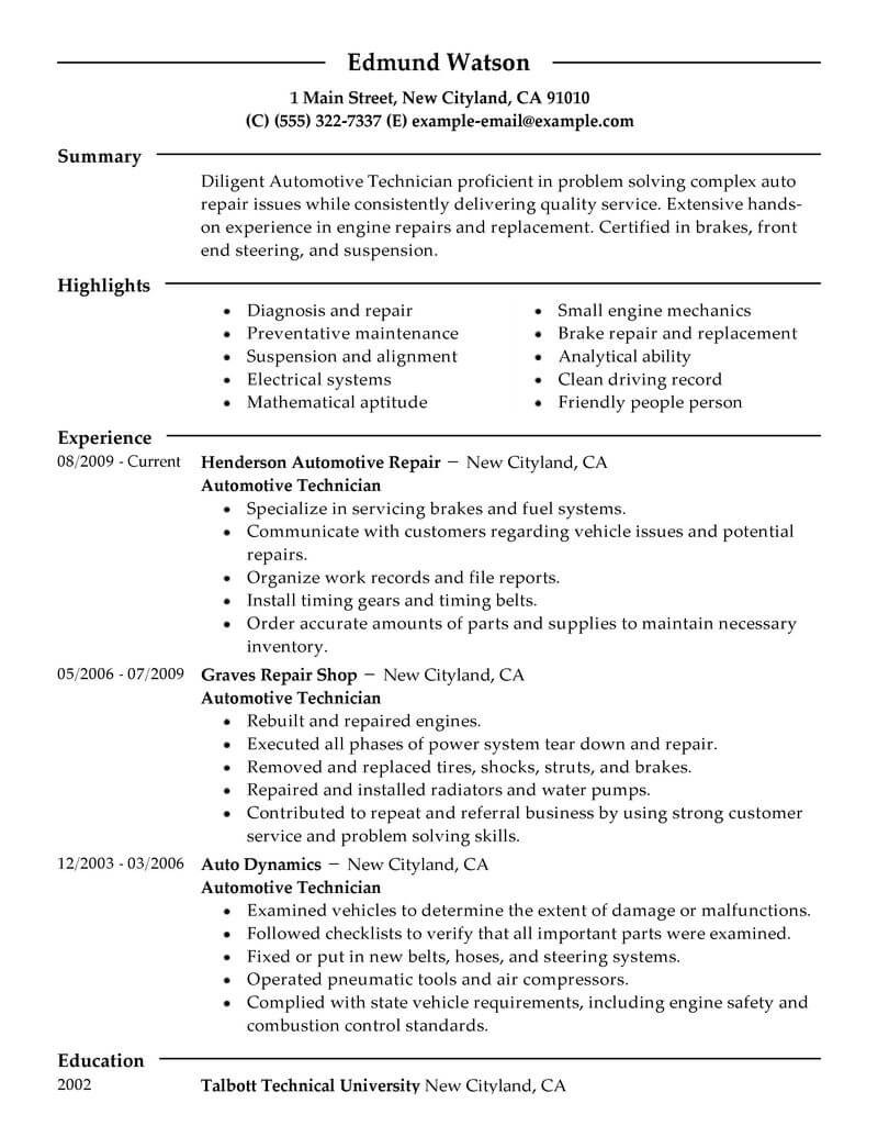 Auto Mechanic Resume Job Description Best Automotive Technician Resume Example