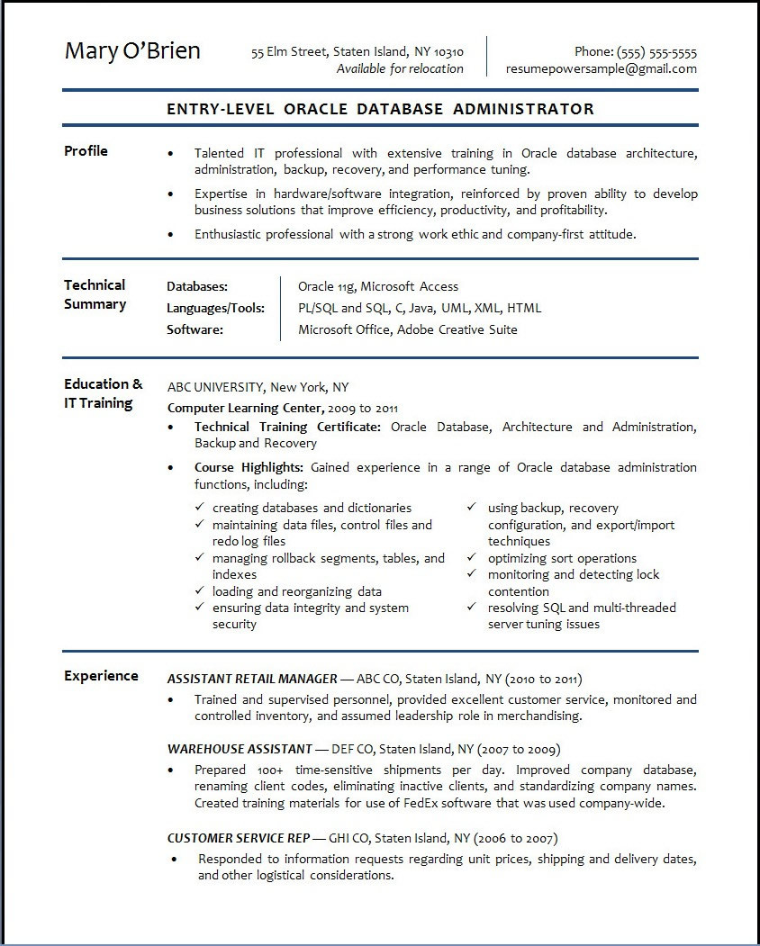 Entry Level Database Administrator Resume oracle Database Administrator Sample Resume