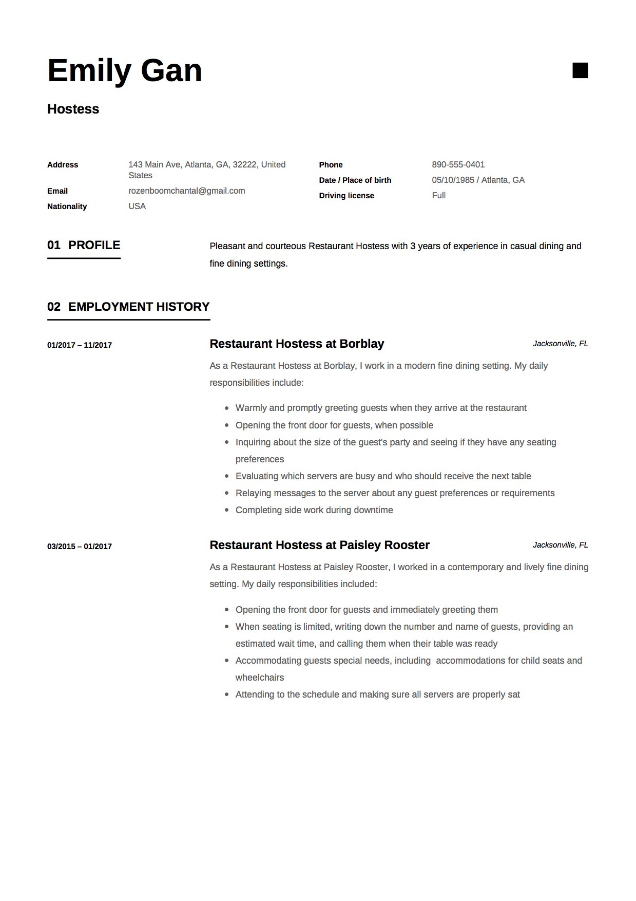 Hostess Resume & Guide