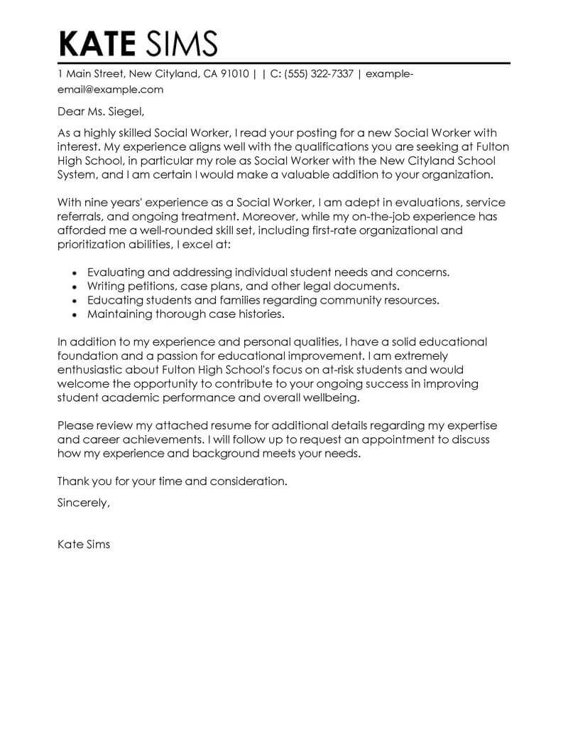 Leading Professional Social Worker Cover Letter Examples