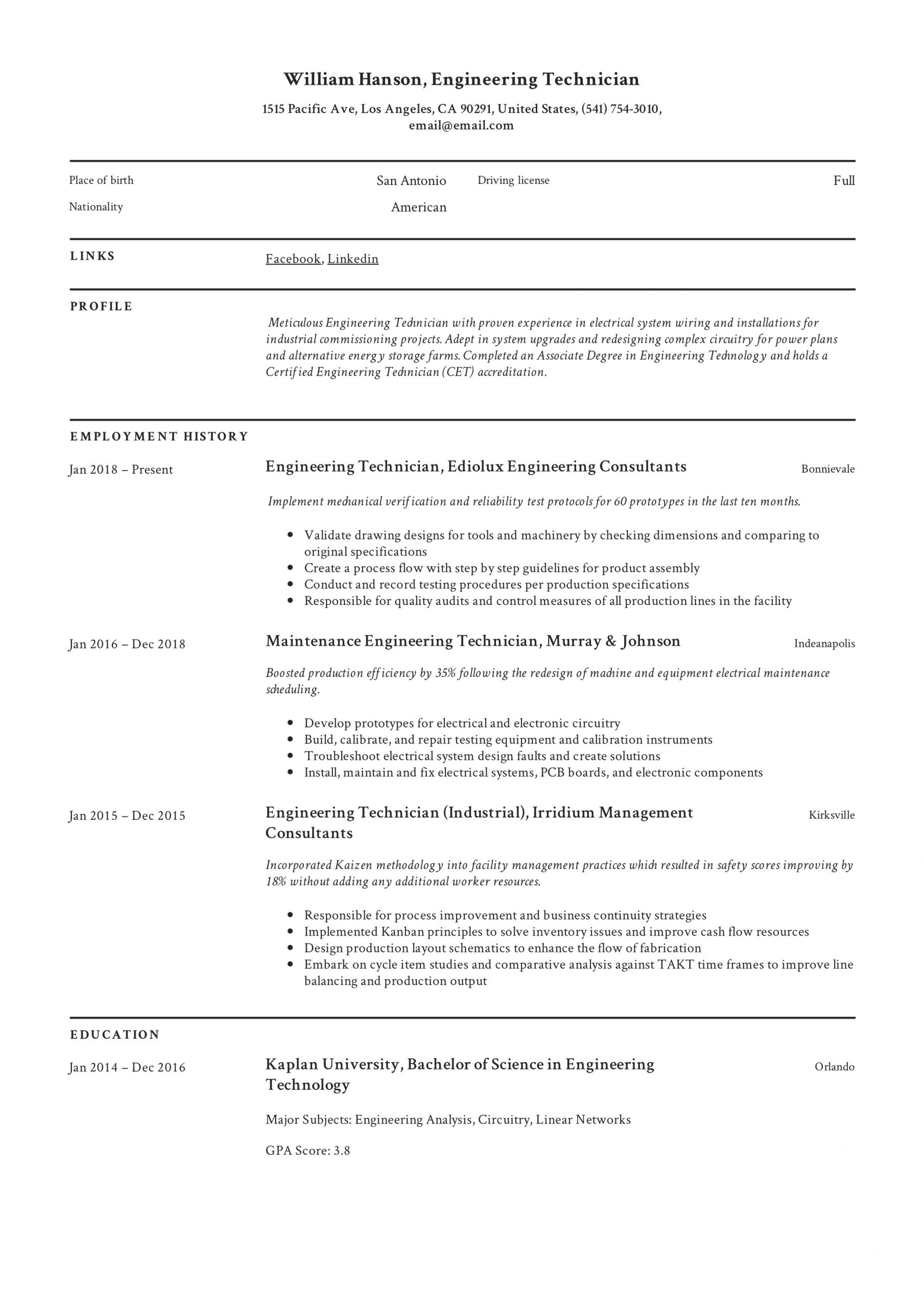 Engineering Technician Resume Sample Engineering Technician Resume &amp; Writing Guide 12 Templates