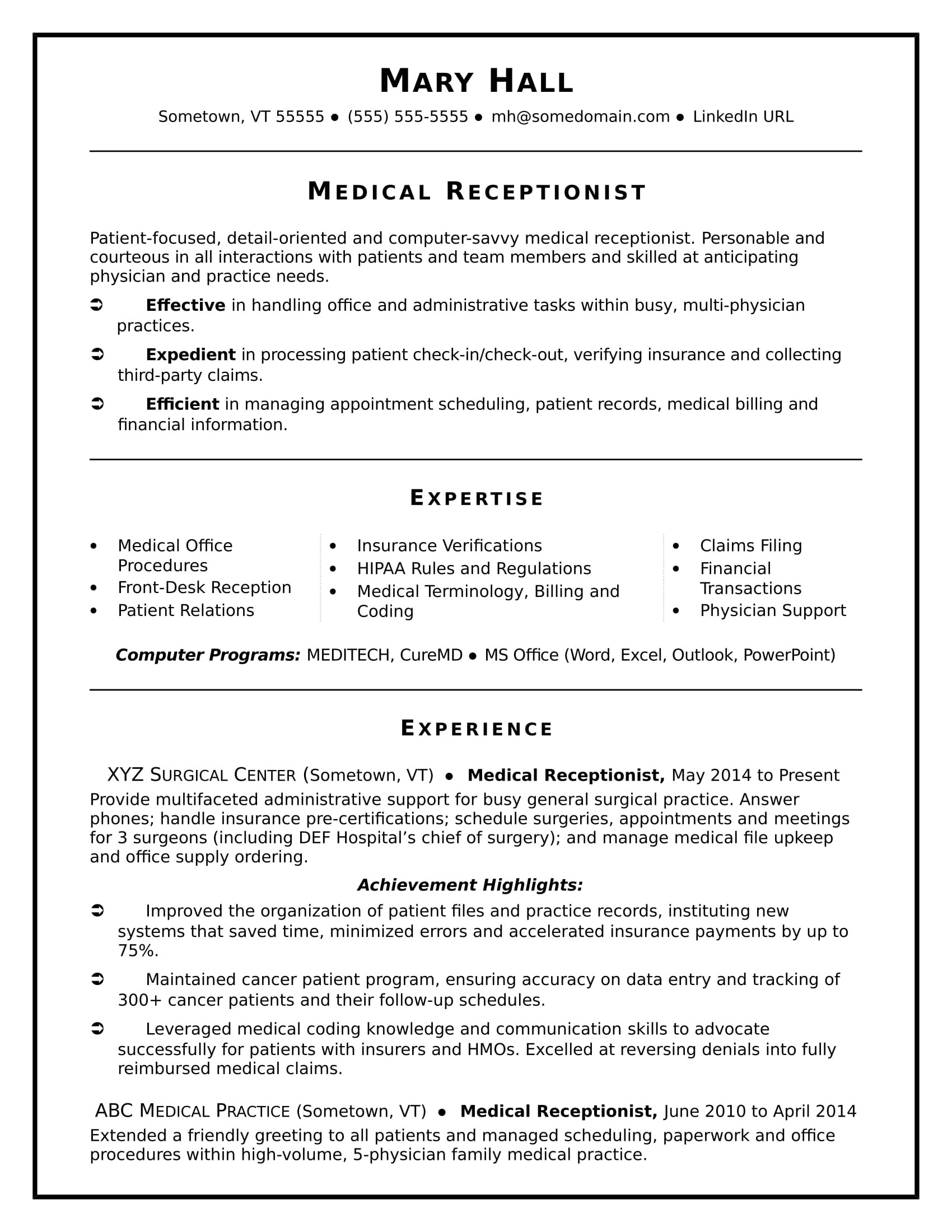 Medical Receptionist Resume Sample