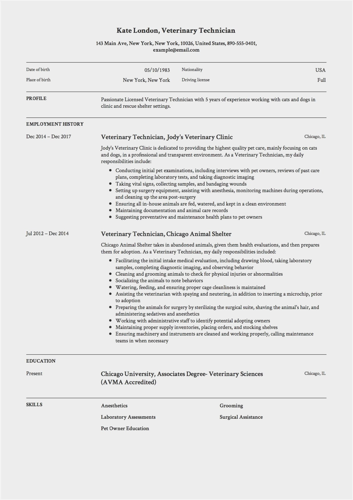 Veterinary assistant Resume Samples Resume Resume Sample