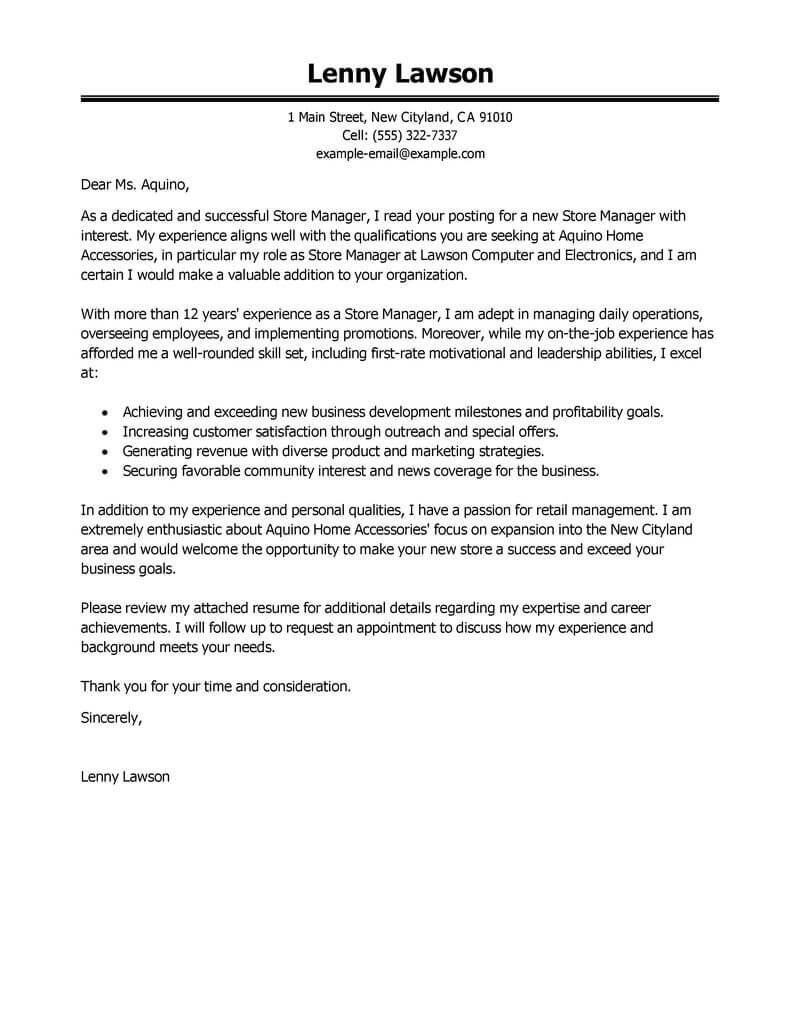 Retail Manager Cover Letter Professional Store Manager Cover Letter Examples