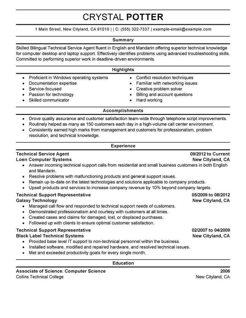 Best Bilingual Technical Service Agent Resume Example
