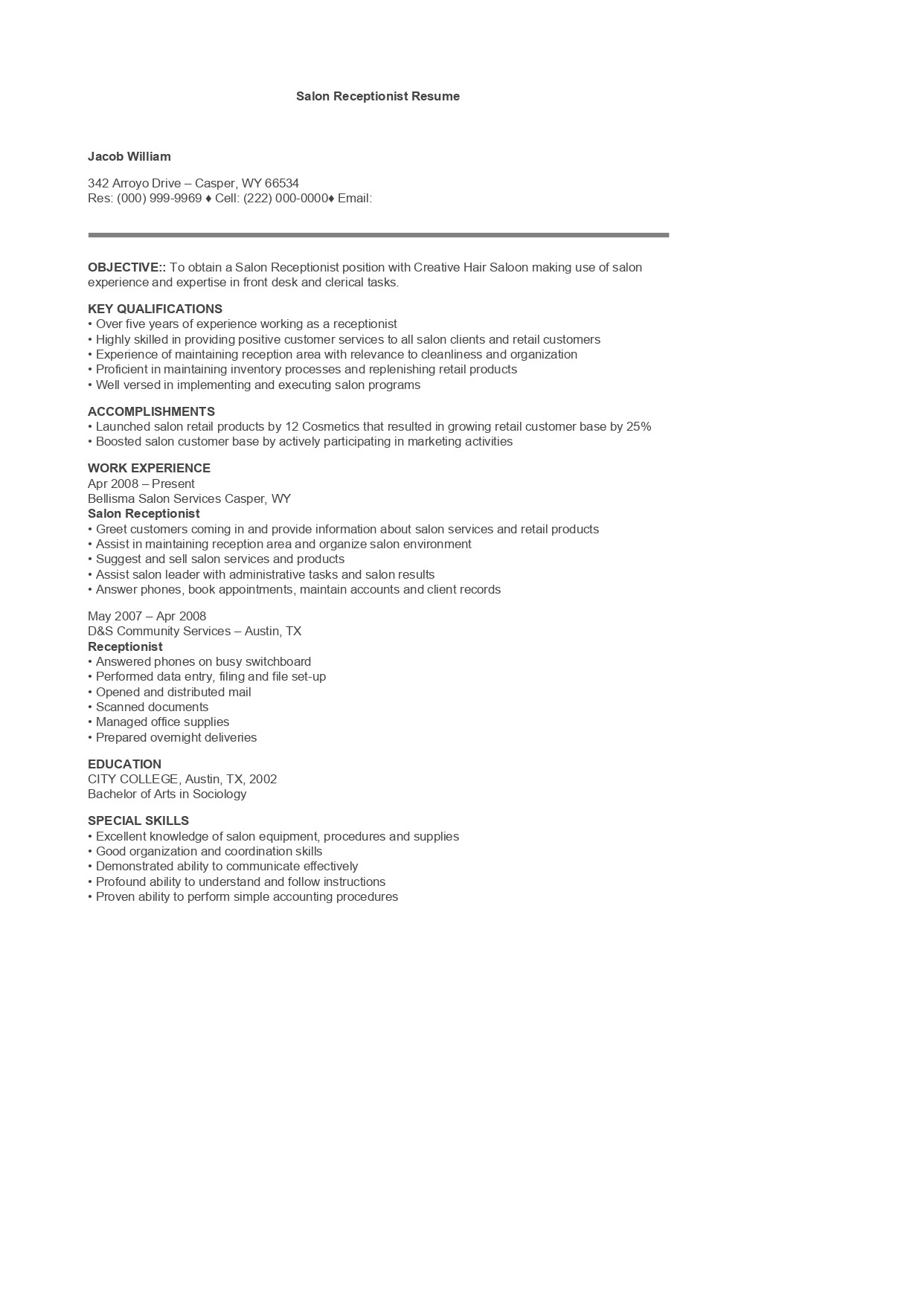 Hair Salon Receptionist Resume Salon Receptionist Resume