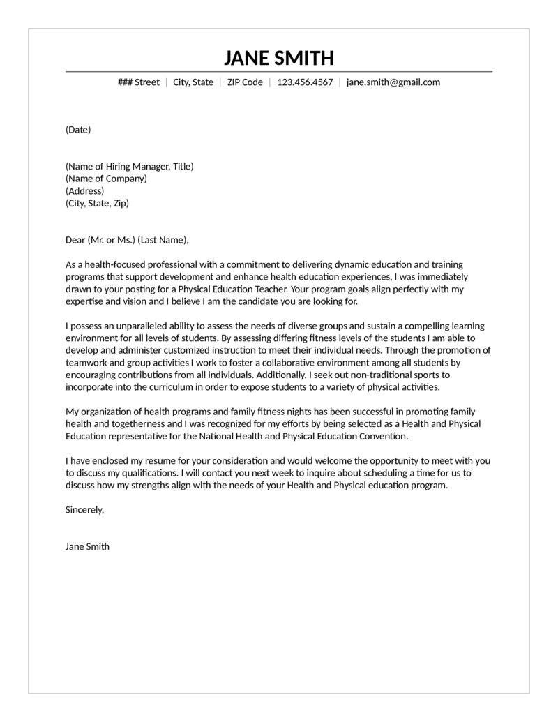 Physical Education Teacher Cover Letter Pe Teacher Cover Letter