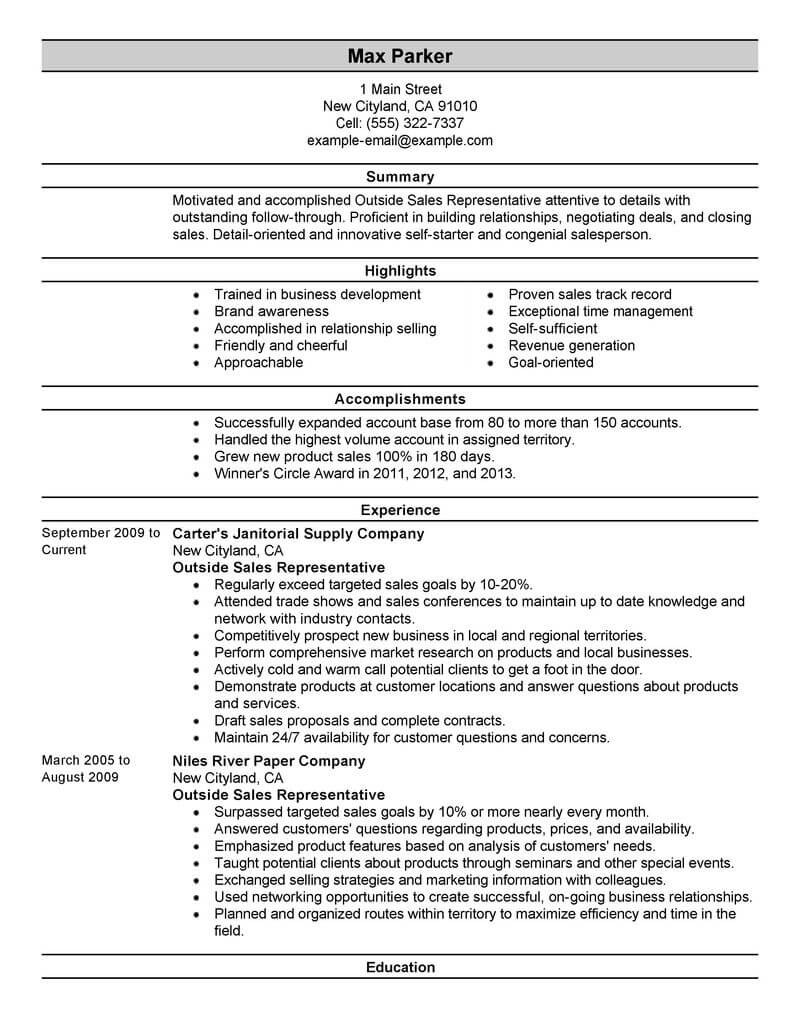Best Outside Sales Representative Resume Example