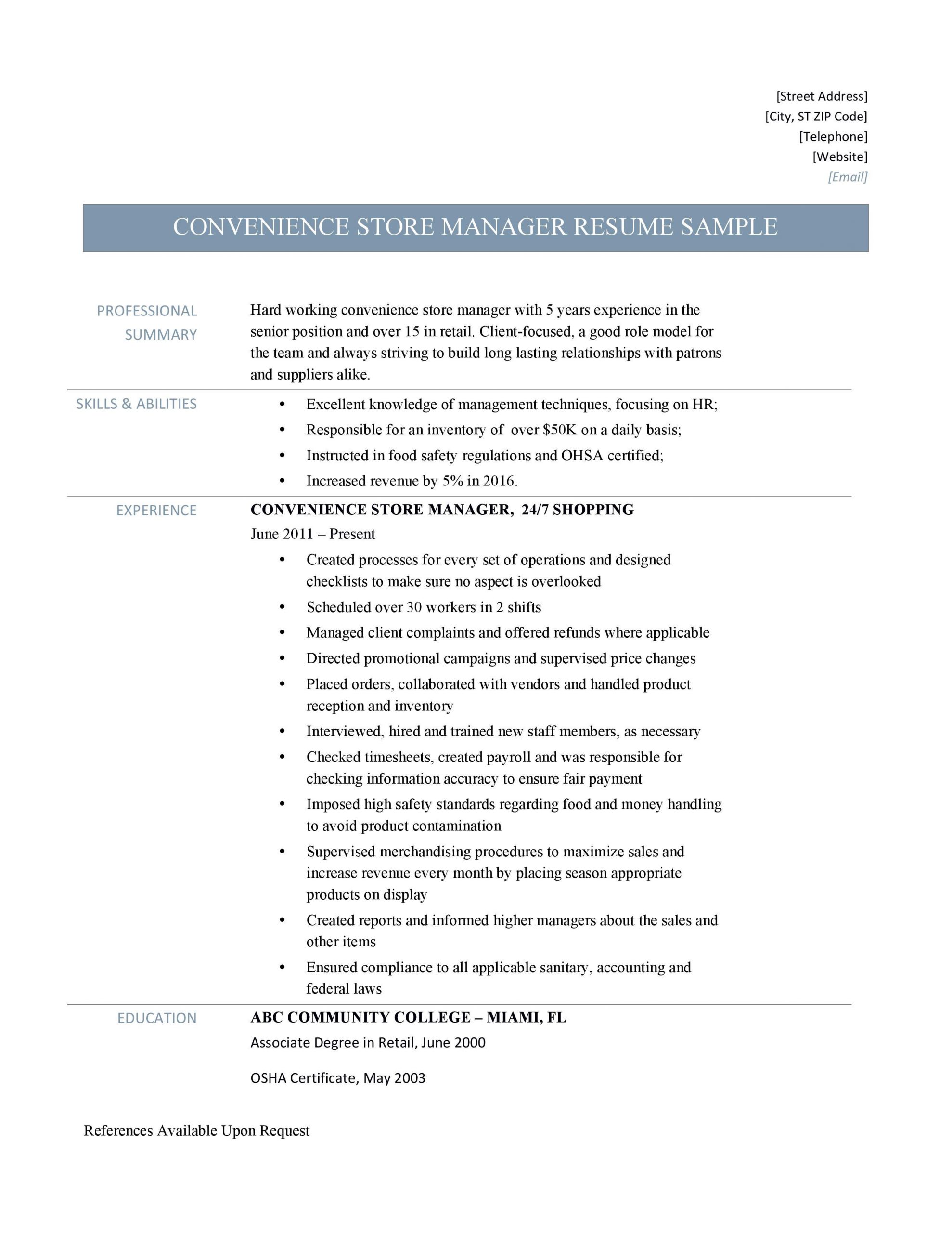 Convenience Store Manager Resume Convenience Store Manager Resume Samples