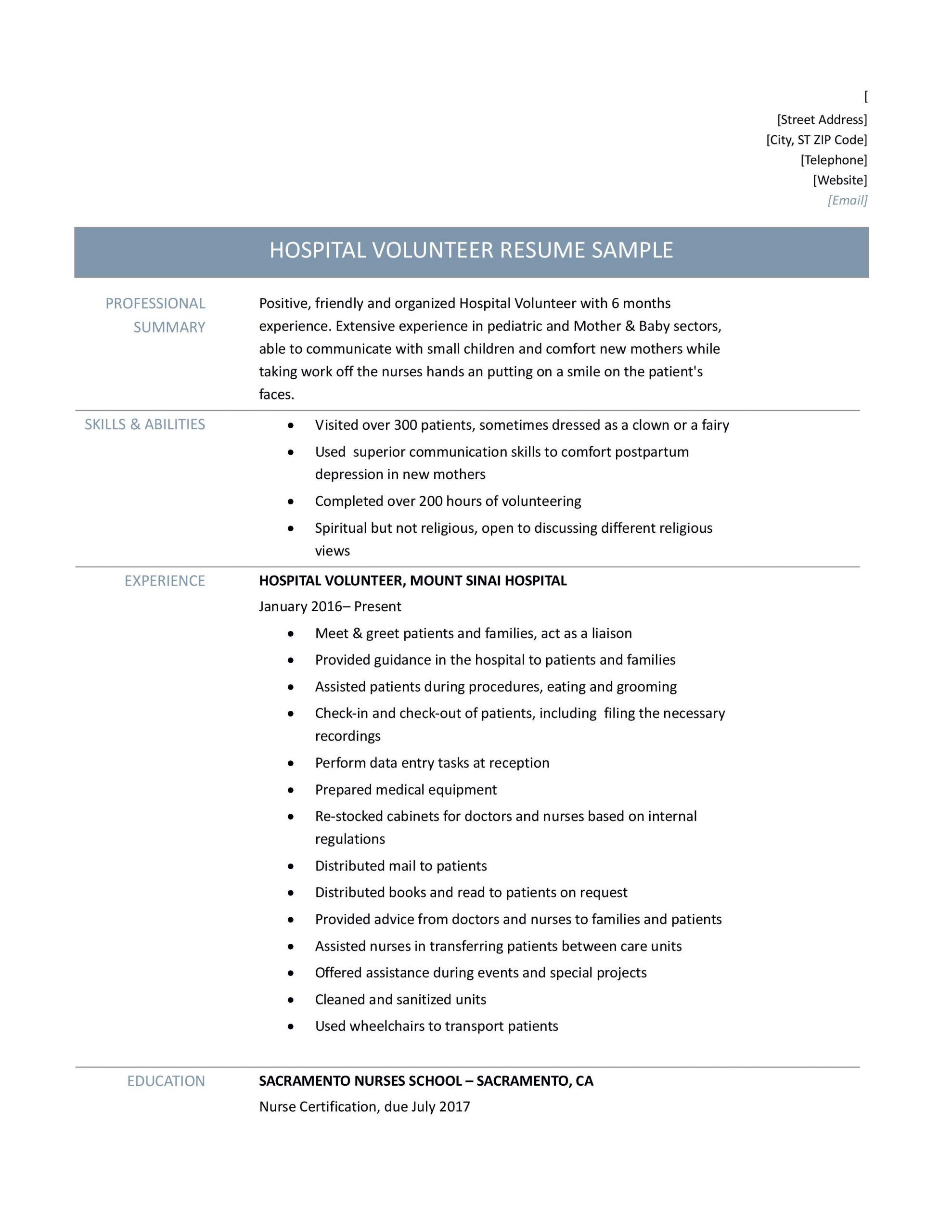 Hospital Volunteer Duties Resume Hospital Volunteer Resume Samples Tips and Templates