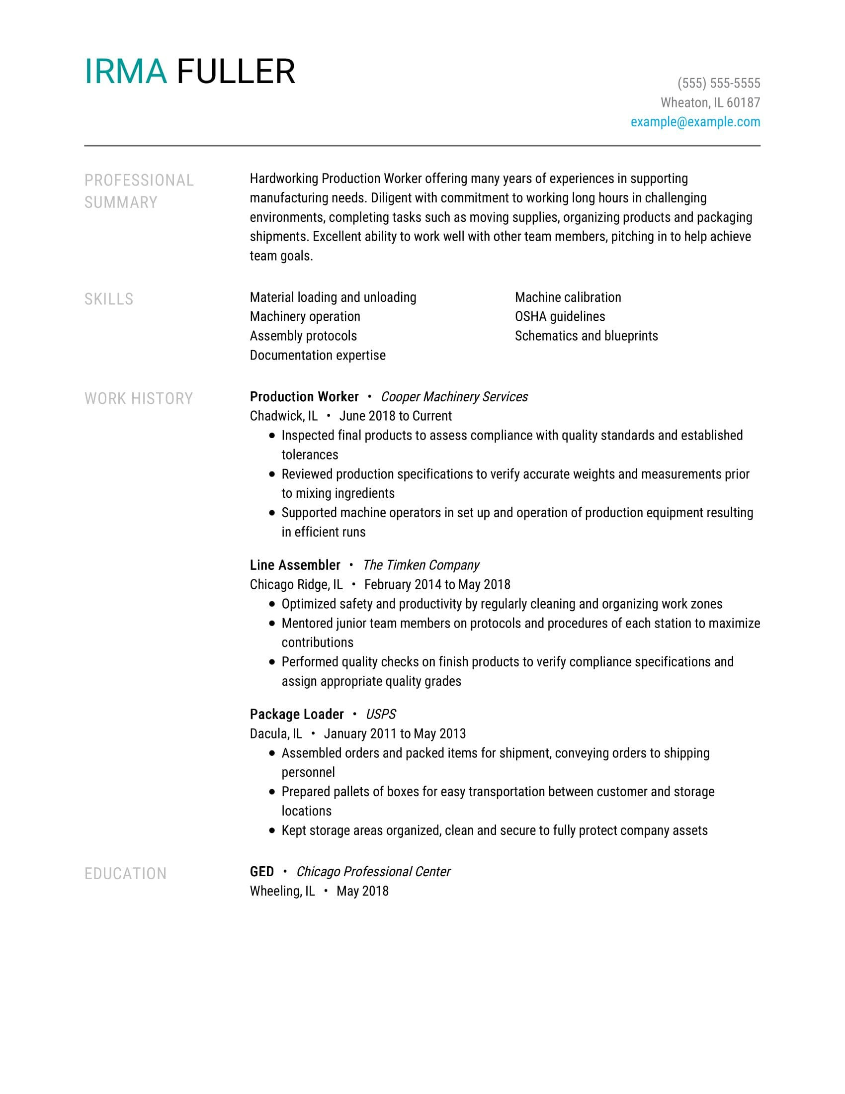 production worker skills for resume