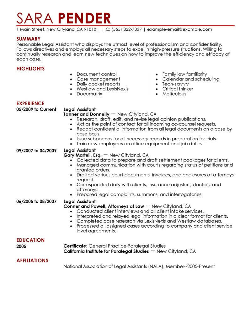 Best Legal Assistant Resume Example