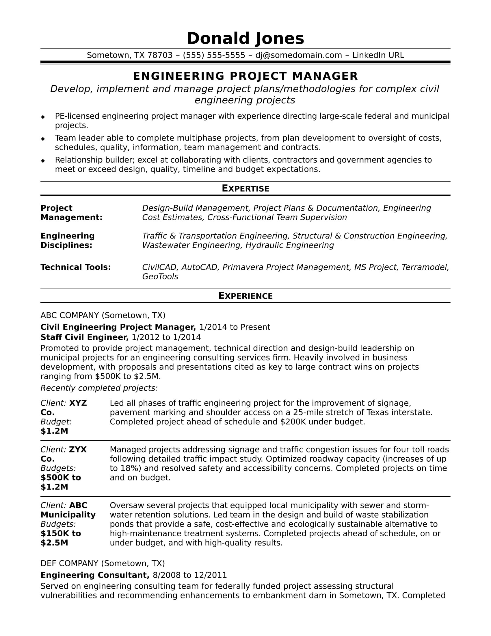Sample Resume for a Midlevel Engineering Project Manager