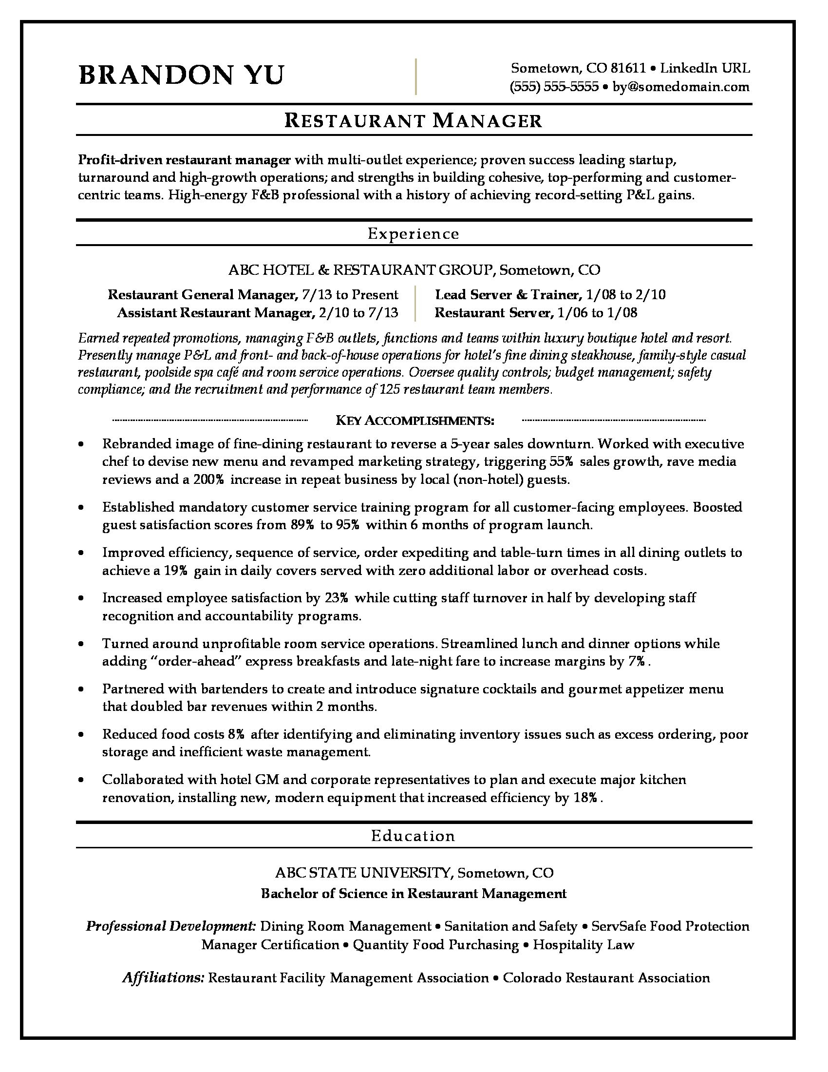 Kitchen Manager Resume Example Restaurant Manager Resume Sample