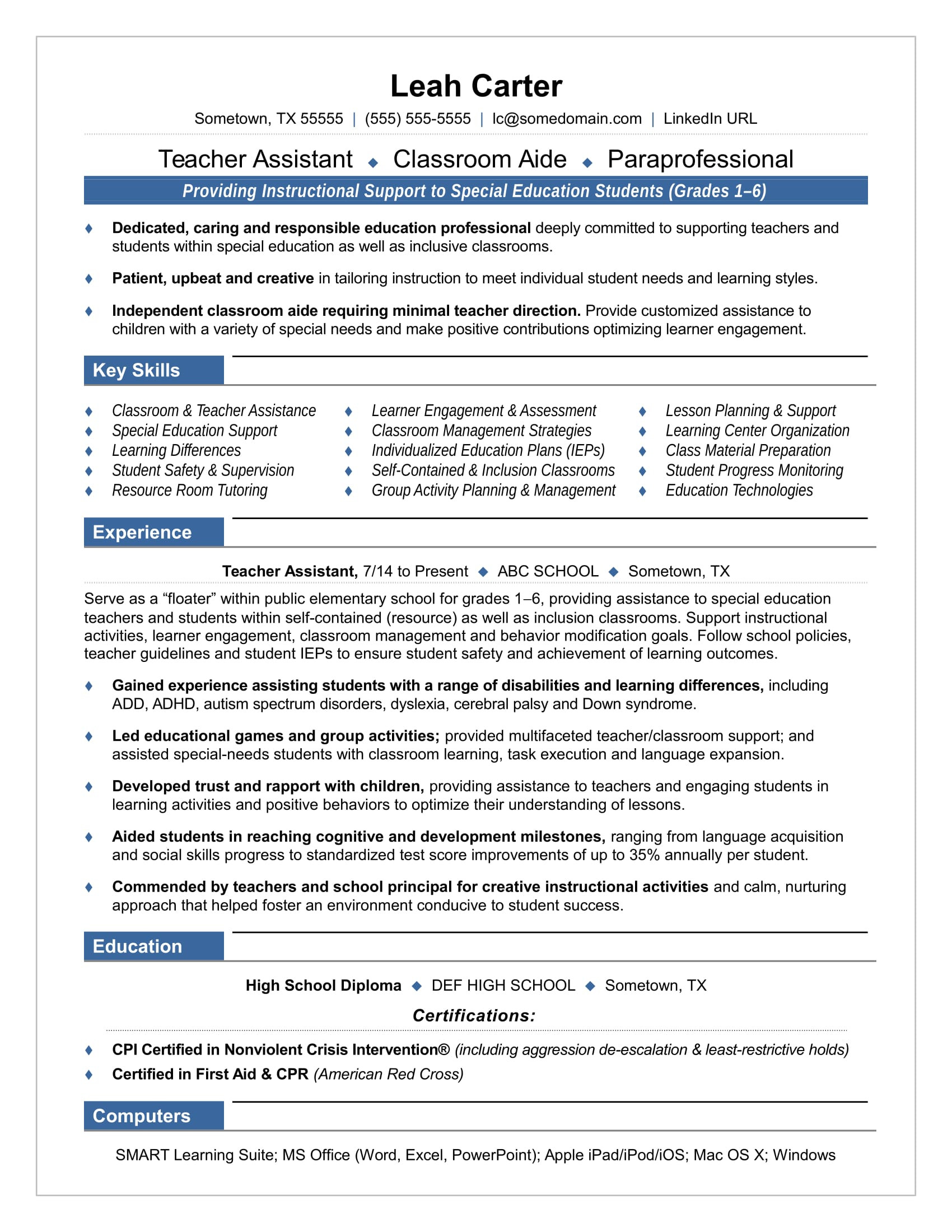 Resume for Teachers Aide Teacher assistant Resume Sample