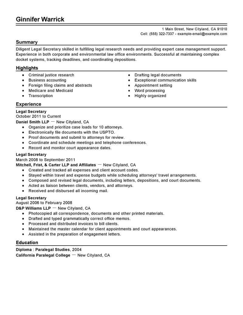 Sample Legal Secretary Resume Best Legal Secretary Resume Example