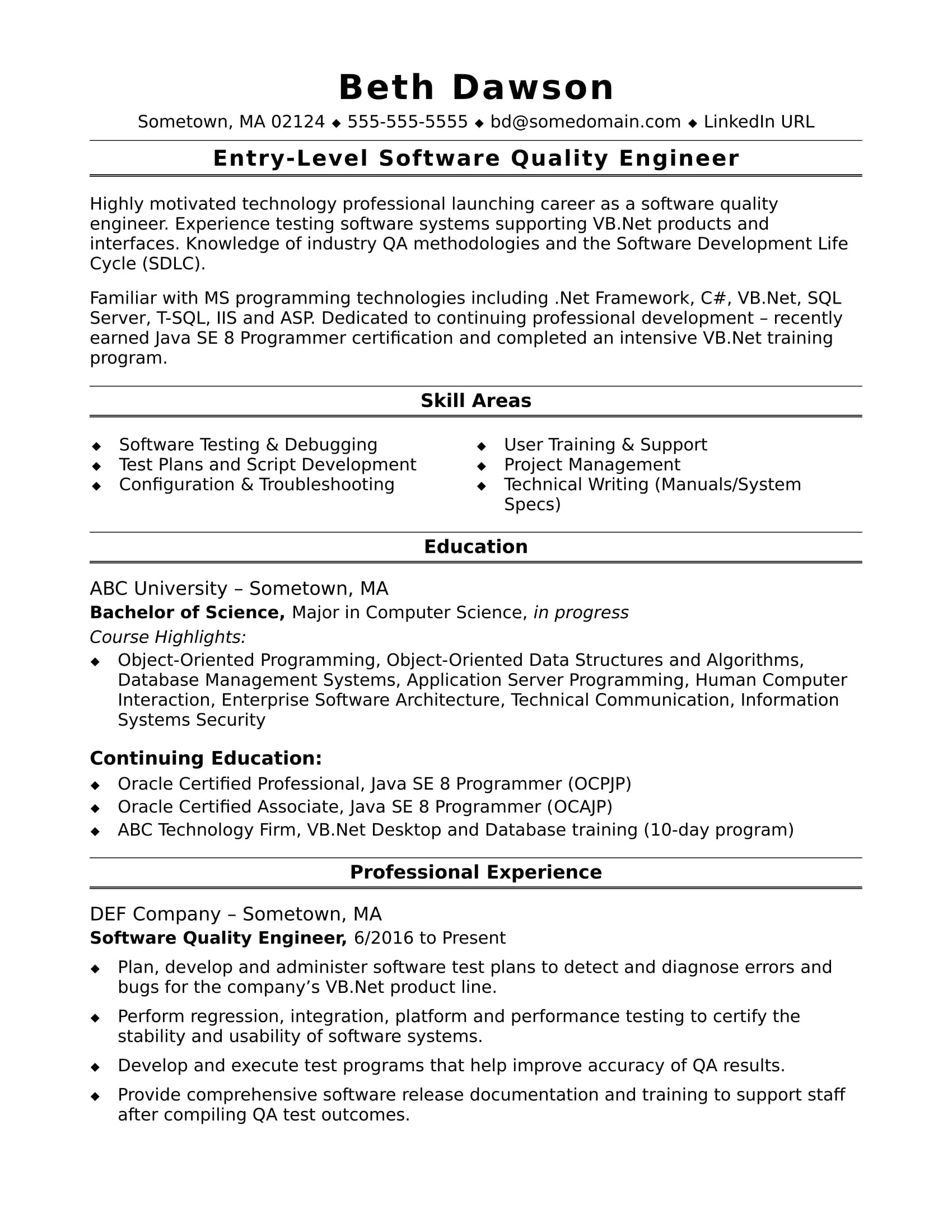 sample resume for quality assurance engineer