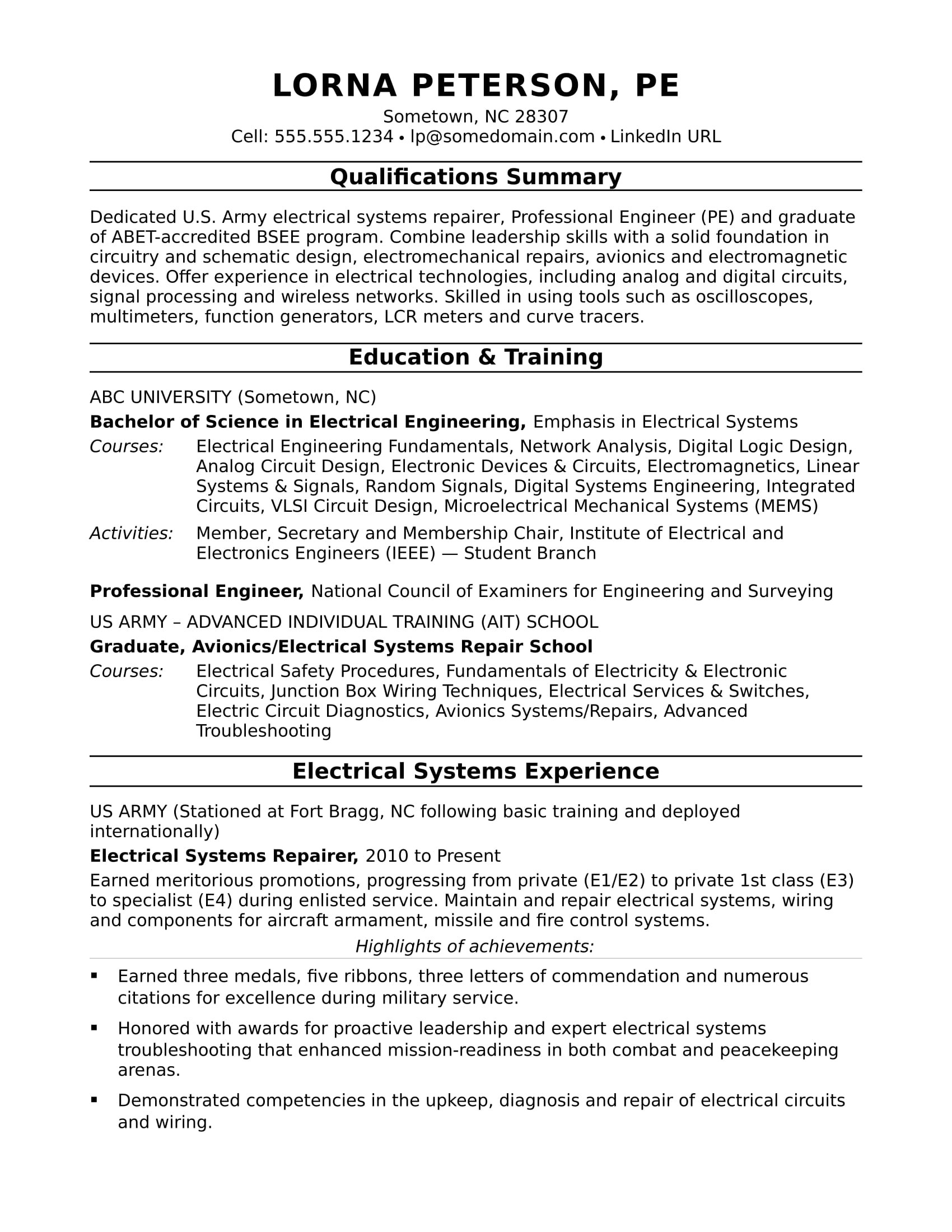 Sample Electrical Engineering Resume Evie Barlow