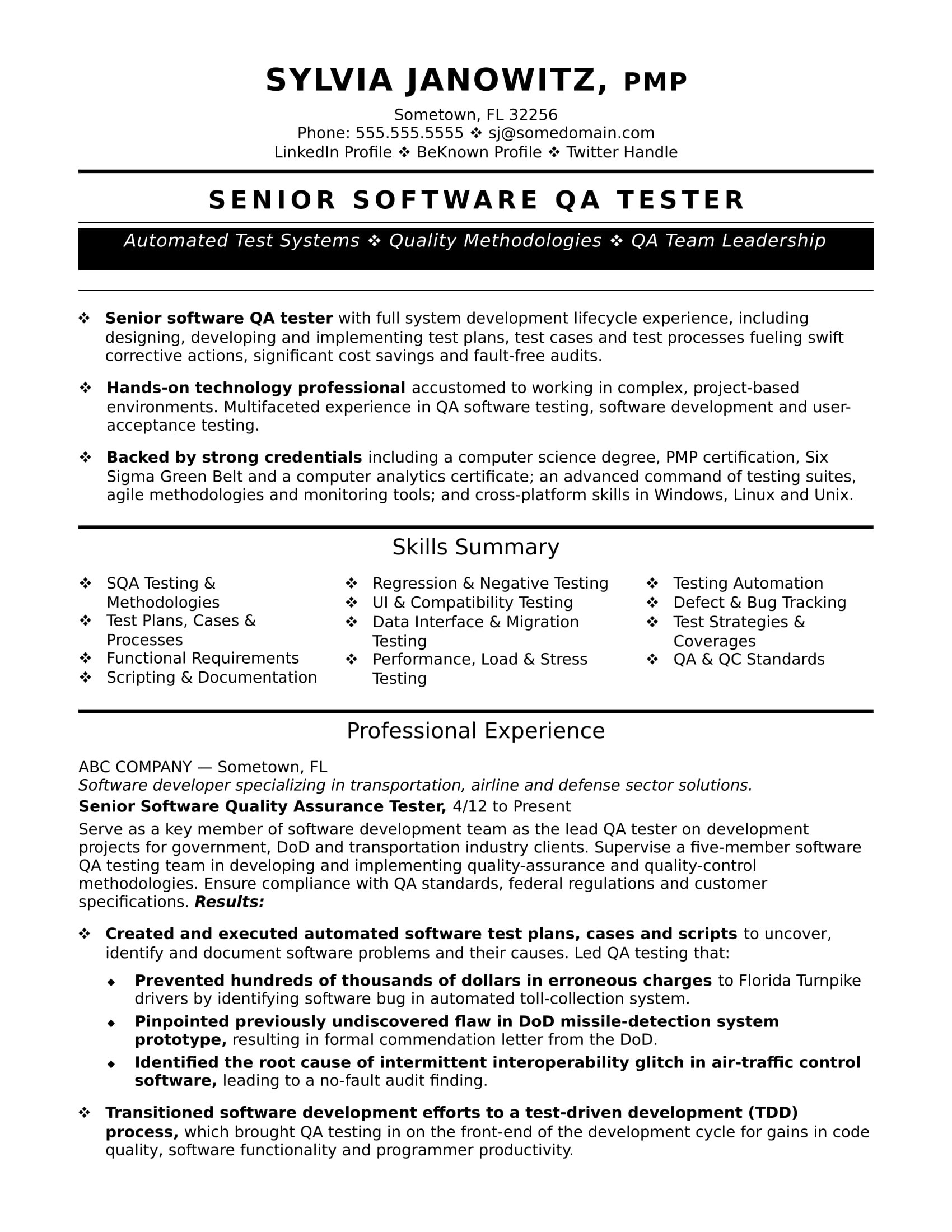 Sample Resume for Qa Analyst Experienced Qa software Tester Resume Sample