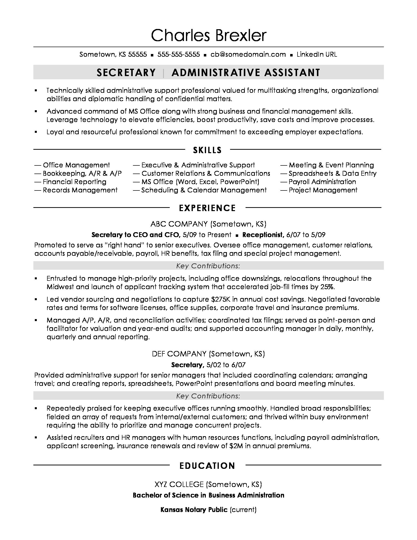 Sample Resume for Secretaries Secretary Resume Sample